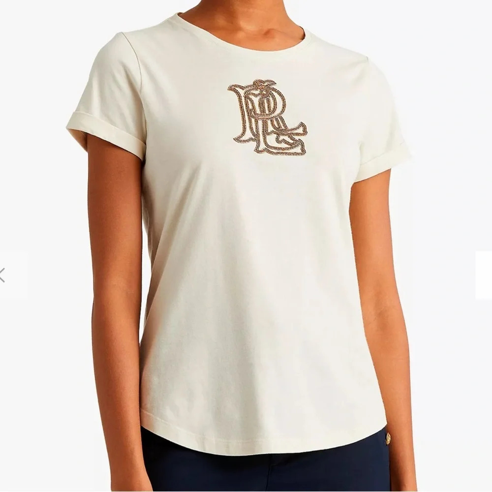 NWOT Lauren Ralph Lauren Hailly Logo Short Sleeve T-Shirt, Mascarpone Cream SZ M